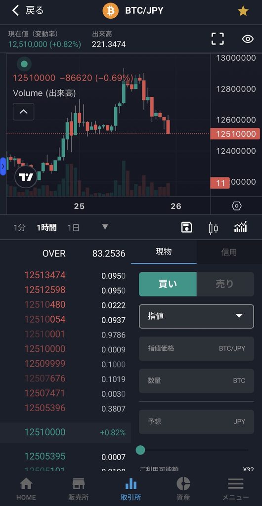bitbankアプリのBTC/JPY取引所画面。板情報と注文入力欄を表示