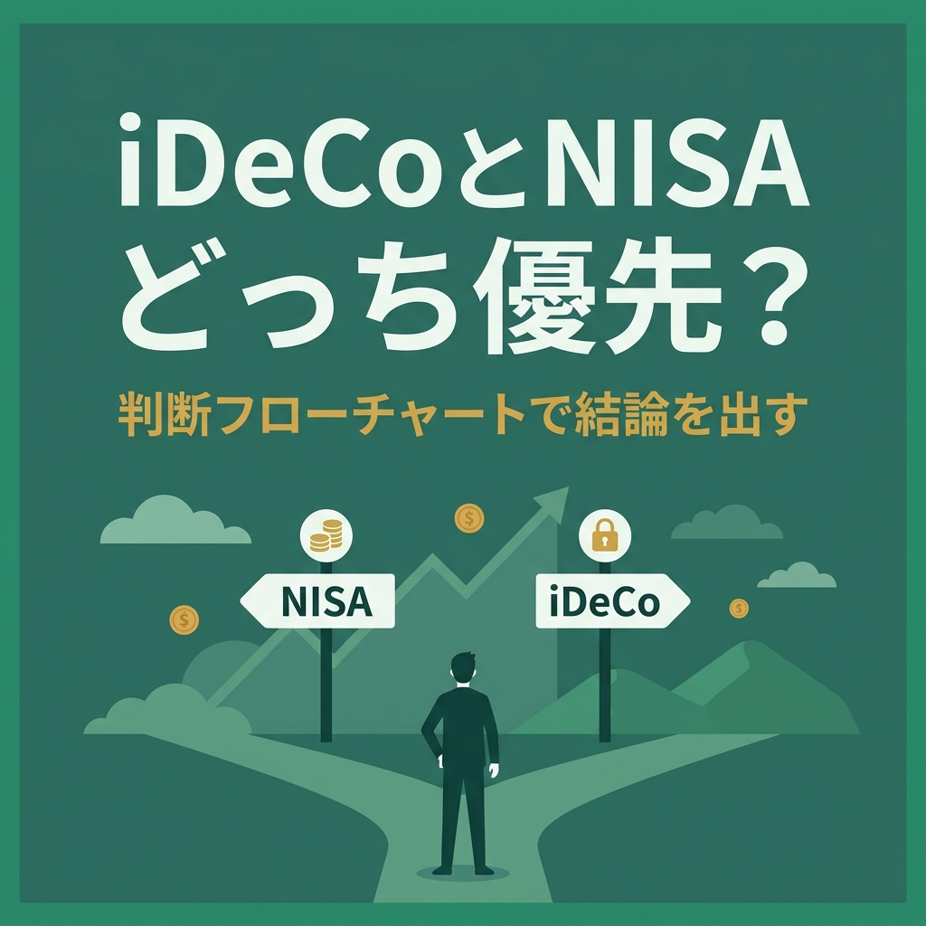 iDeCoとNISAどっちを優先すべきか、分岐路の標識で判断フローチャートを示すイラスト