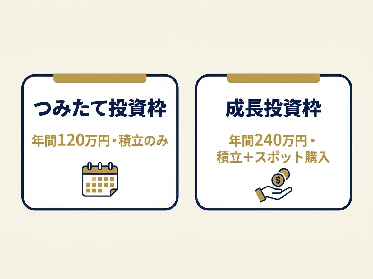 つみたて投資枠(年間120万円・積立のみ)と成長投資枠(年間240万円・積立+スポット購入)の比較図