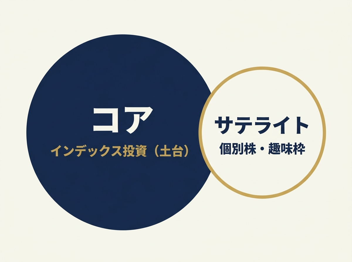 コア(インデックス投資・土台)とサテライト(個別株・趣味枠)の概念図